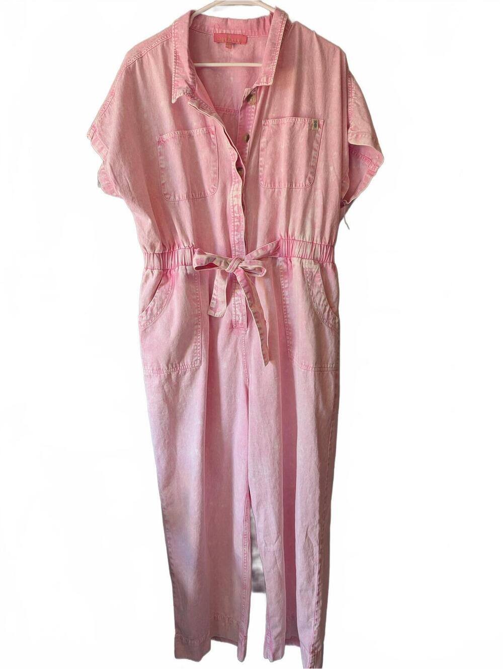 Pink Short Sleeve Denim Jumpsuit with Tie Waist